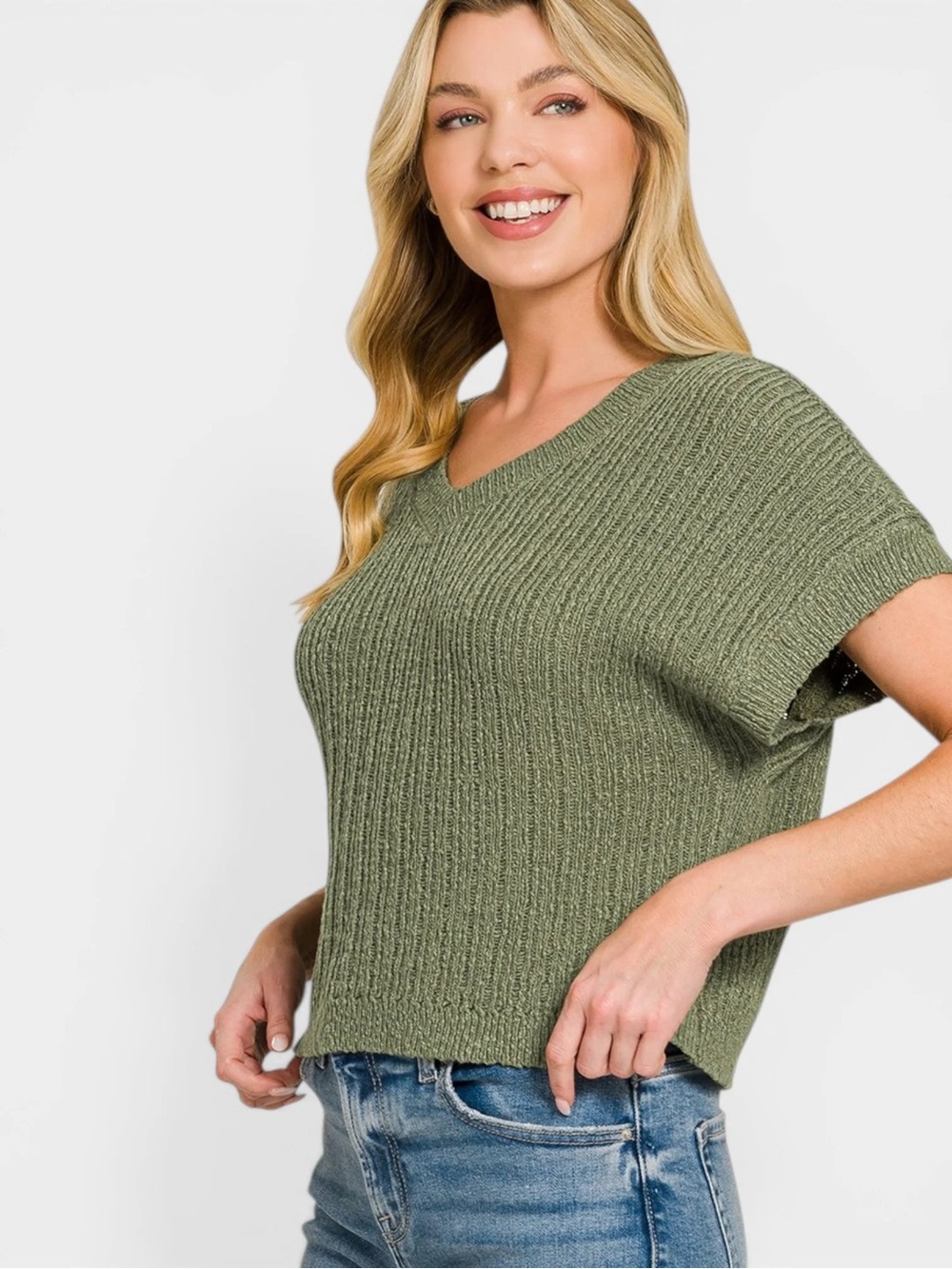 Olive Green Ribbed V-Neck Short Sleeve Sweater